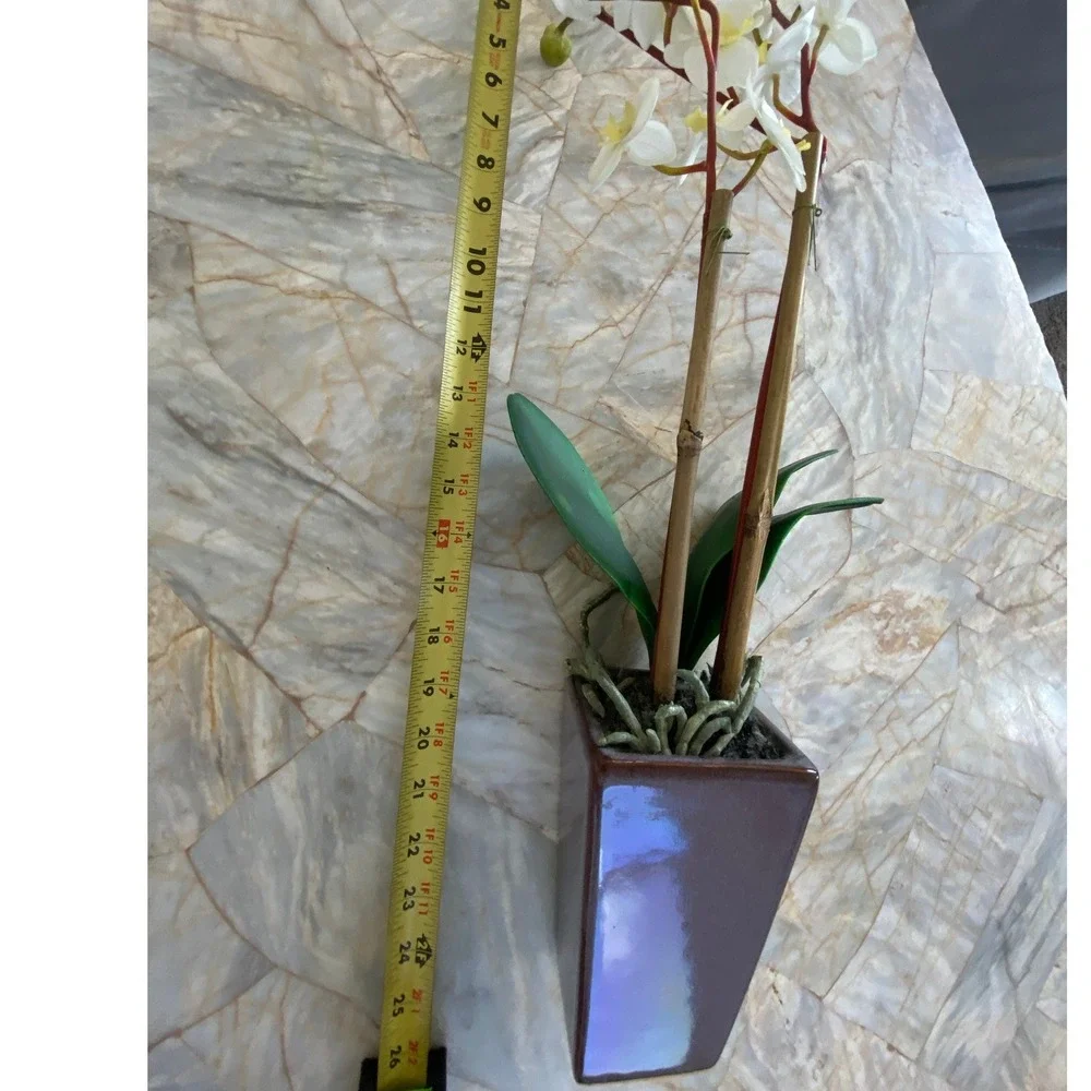 Faux White Orchid Arrangement in Iridescent Purple Ceramic Vase 22 Inch Floral